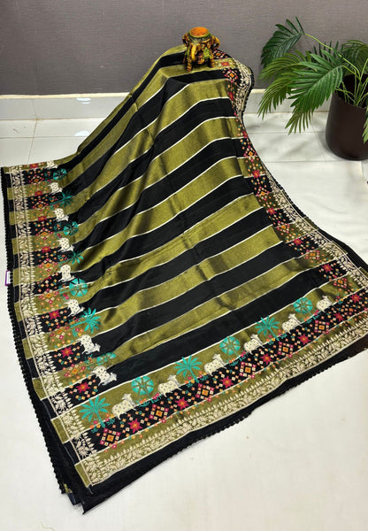 Satin Crepe Saree-Black In Komatha Floral Border
