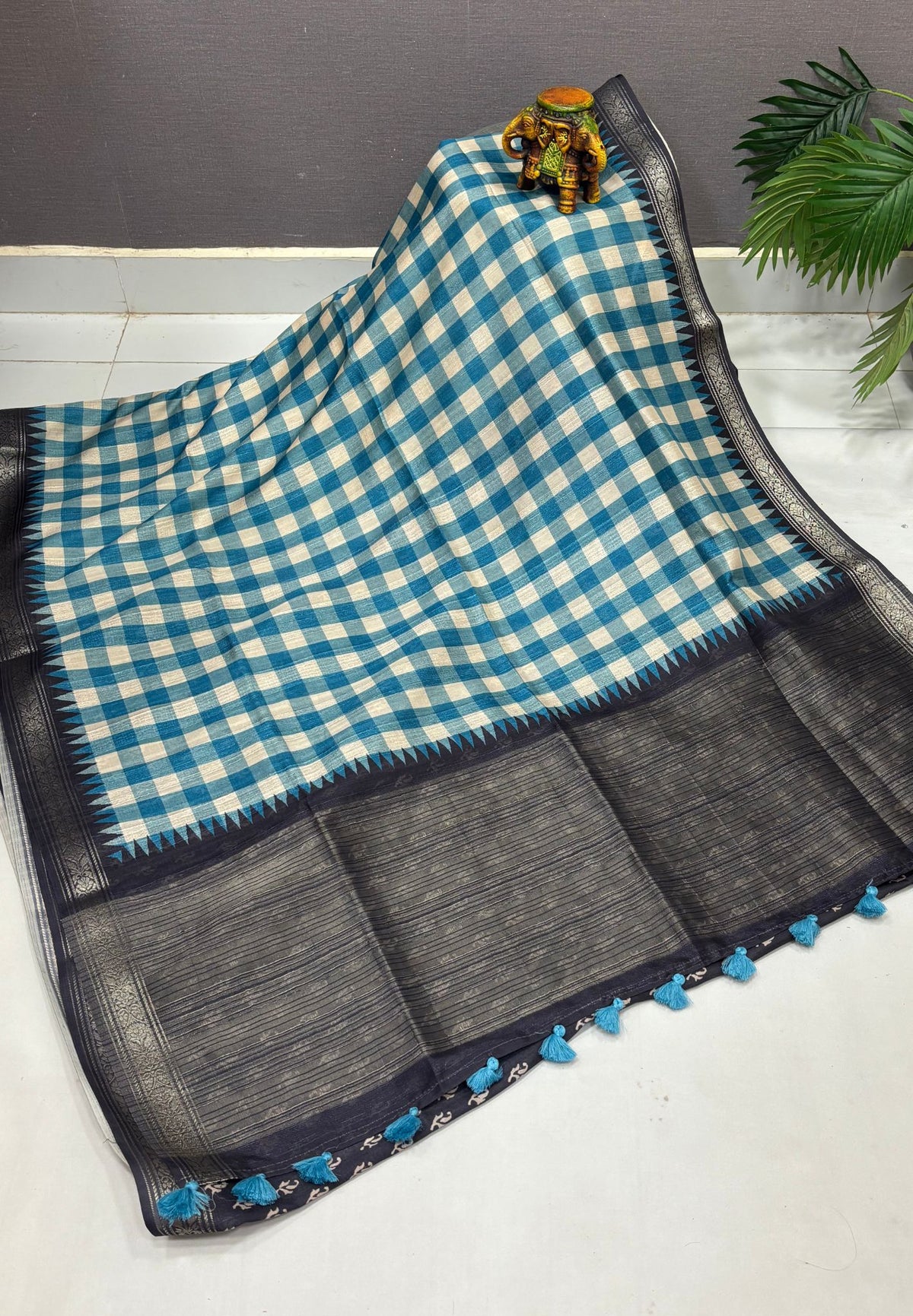 Matka Tussar saree-Sky Blue in Checked Pattern with Temple Zari Border
