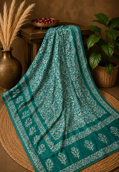 Batik Tussar Saree-Teal Green with Batik Print
