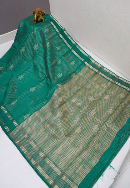Semi Tussar Saree-Green in RainDrop Zari with Retapet Border