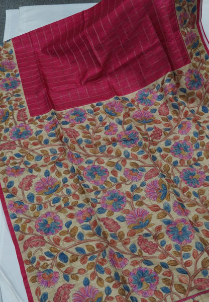 Semi Tussar Saree-Dark Pink