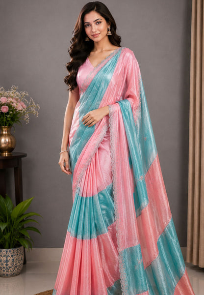 Mira Designer Saree-Peach& Sky blue Duo Tone Encrusted with Scalloped Stone Work