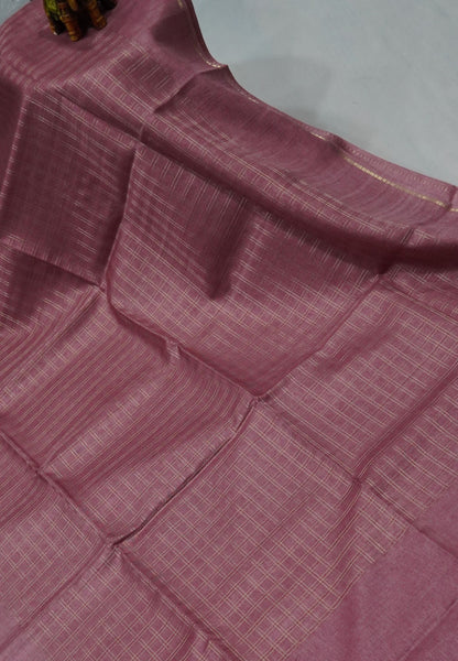 Matka Tussar Saree-Pink with Zari Checks