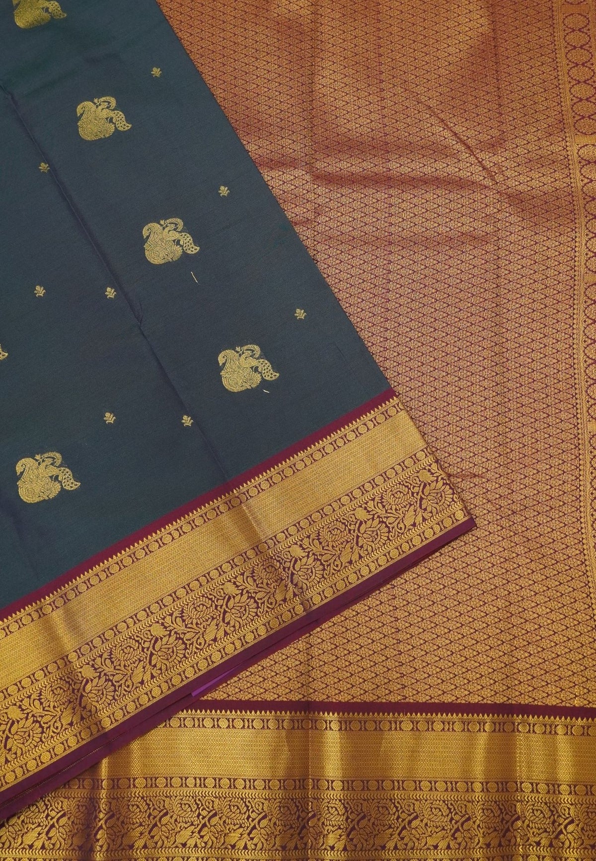 Budget Kanchipuram Saree-Bluish Purple in Feather Peacock Buttas