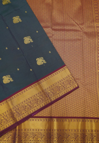 Budget Kanchipuram Saree-Bluish Purple in Feather Peacock Buttas
