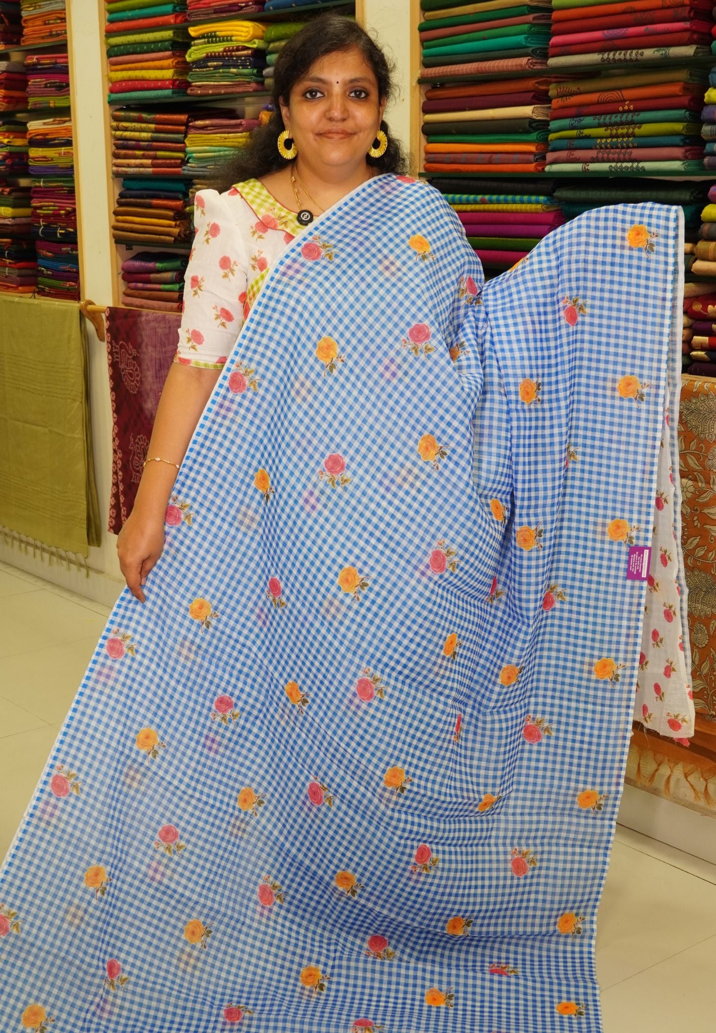Linen Saree - Checks Blue