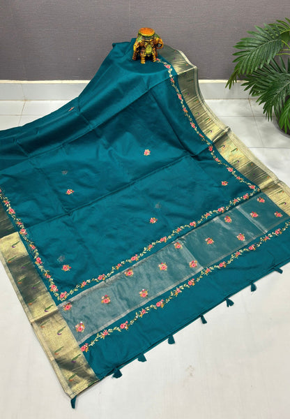 Kota Saree-Peacock Green In Floral Zari Vine Border
