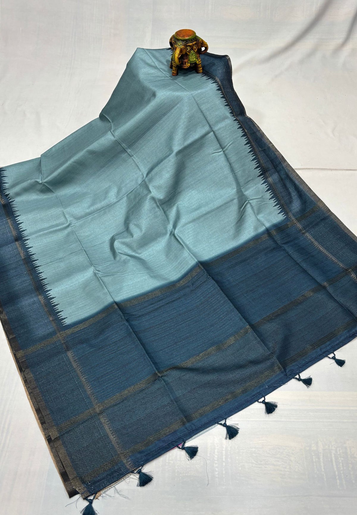 Semi Tussar Saree-Metalic Blue with Antique Zari Border