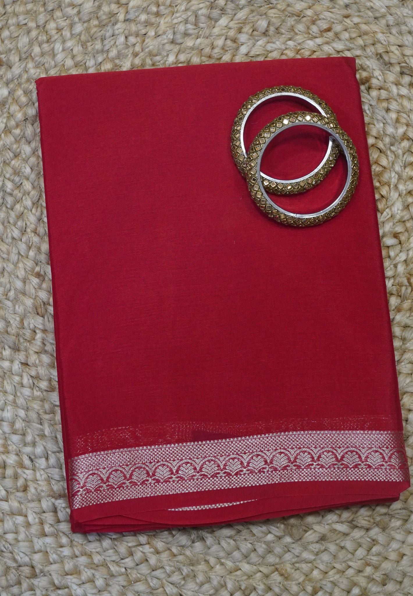 Semi Mysore Silk Saree - Red with Small Border