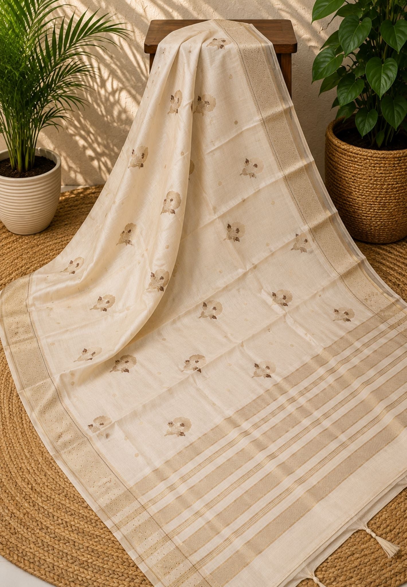 Semi Tussar Saree-Off White with Floral Zari Motif