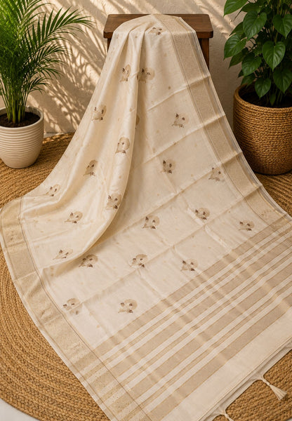 Semi Tussar Saree-Off White with Floral Zari Motif