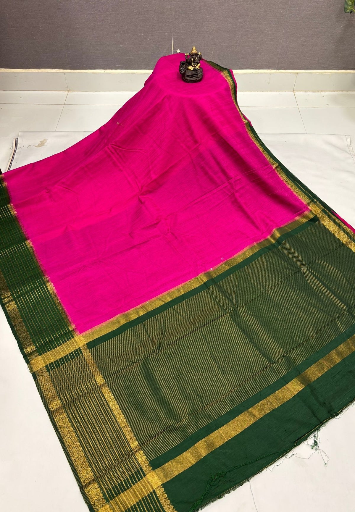 Raw Silk Saree-Rani Pink With Contrast Border