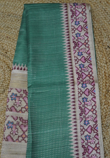 Semi Tussar Saree -Green with Ikkat Border