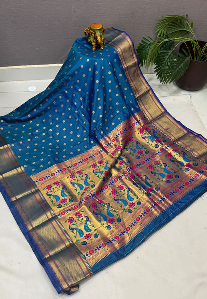 Traditional Peacock Floral Brocade Border - Peacock Blue