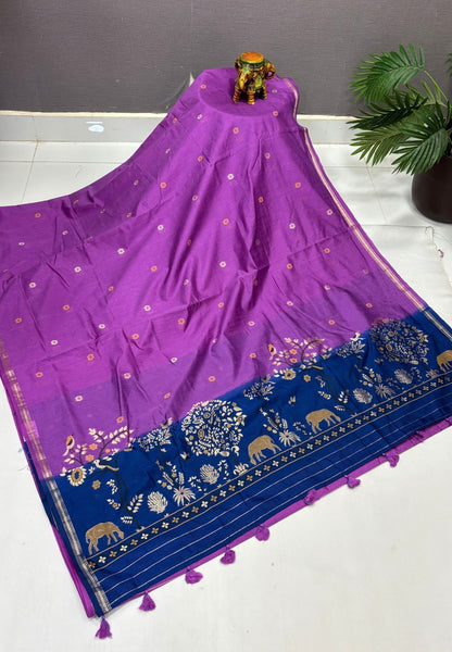 Gaji Silk Saree-Purple In Warli Tree & Elephant With Contrast Border