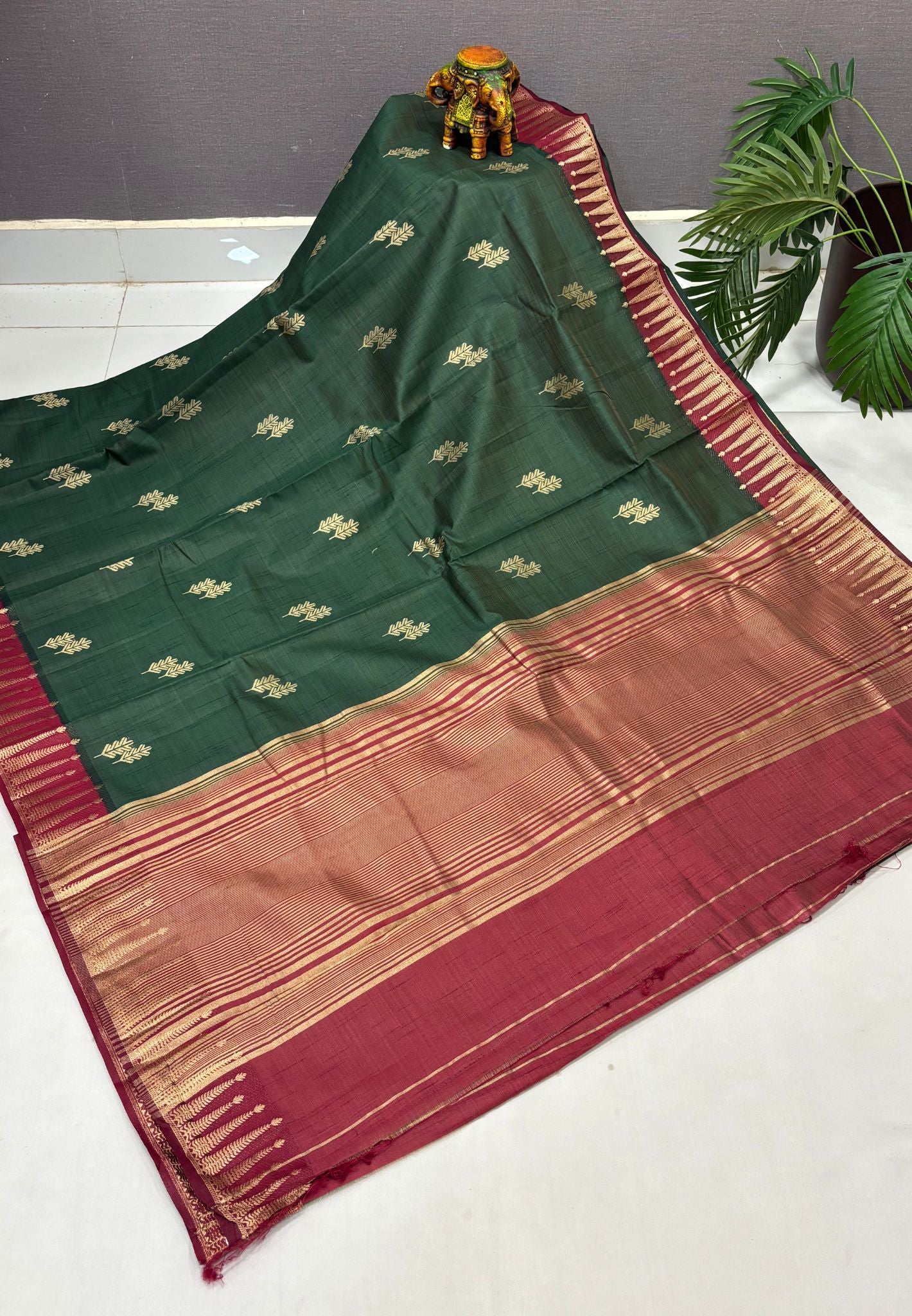 Semi Tussar Saree-Green in Traditional Striped Zari with Contrast Border