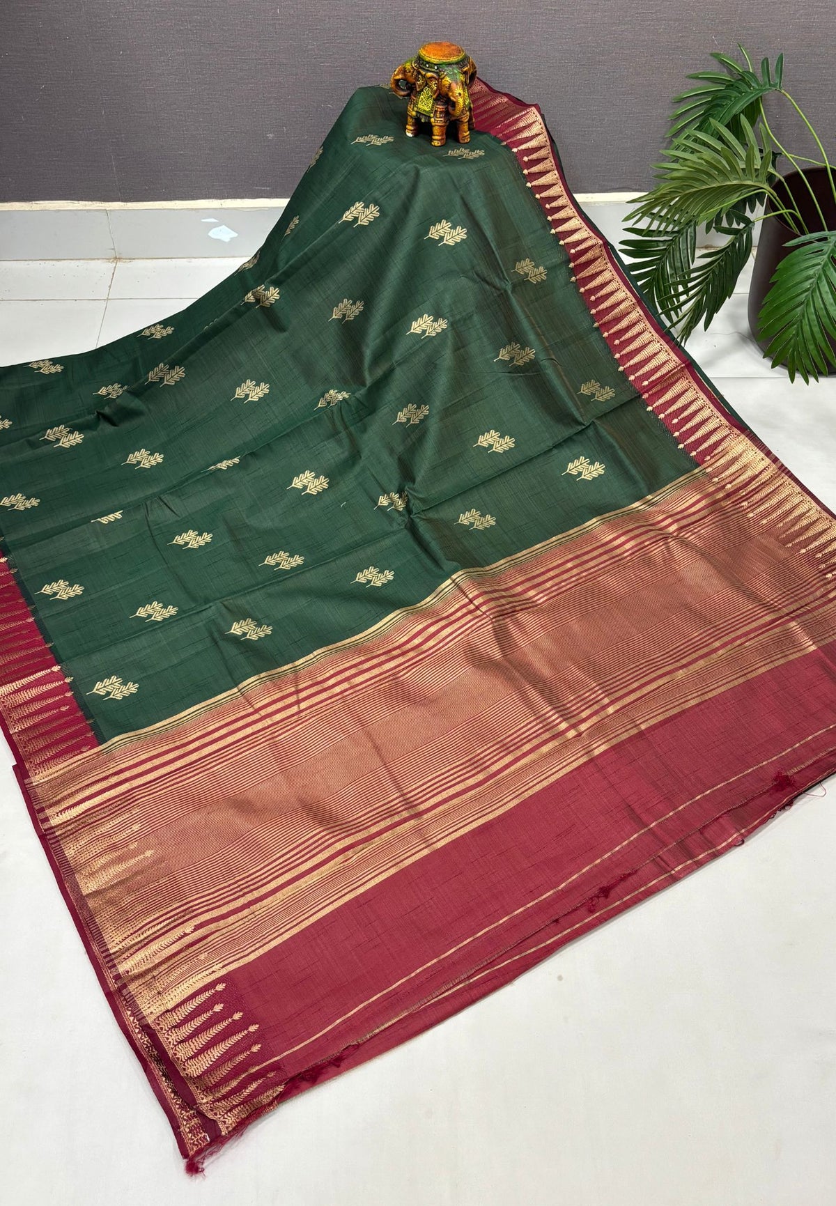 Semi Tussar Saree-Green in Traditional Striped Zari with Contrast Border