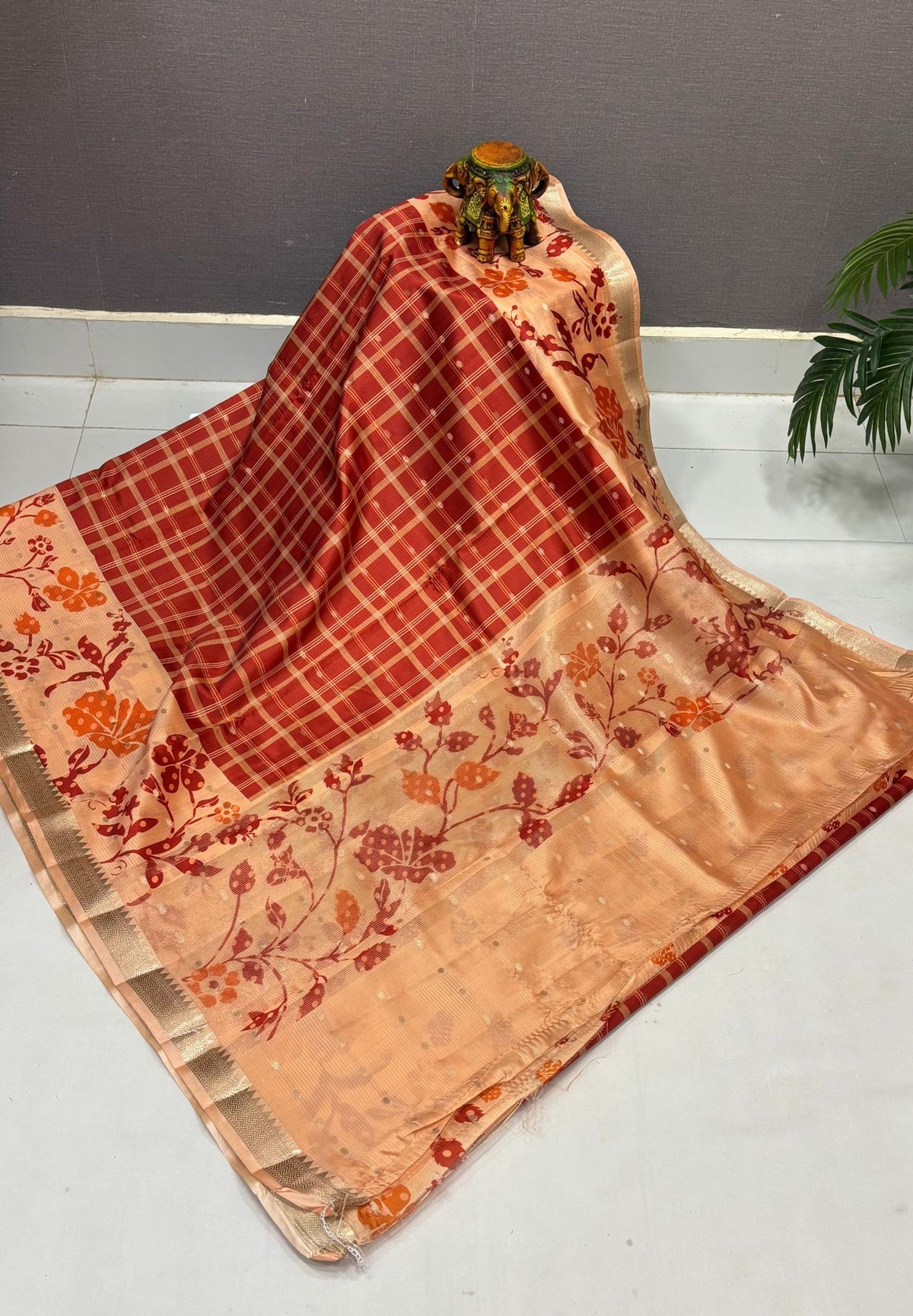 Soft Tussar Saree-Rust Orange In Floral Vine Border
