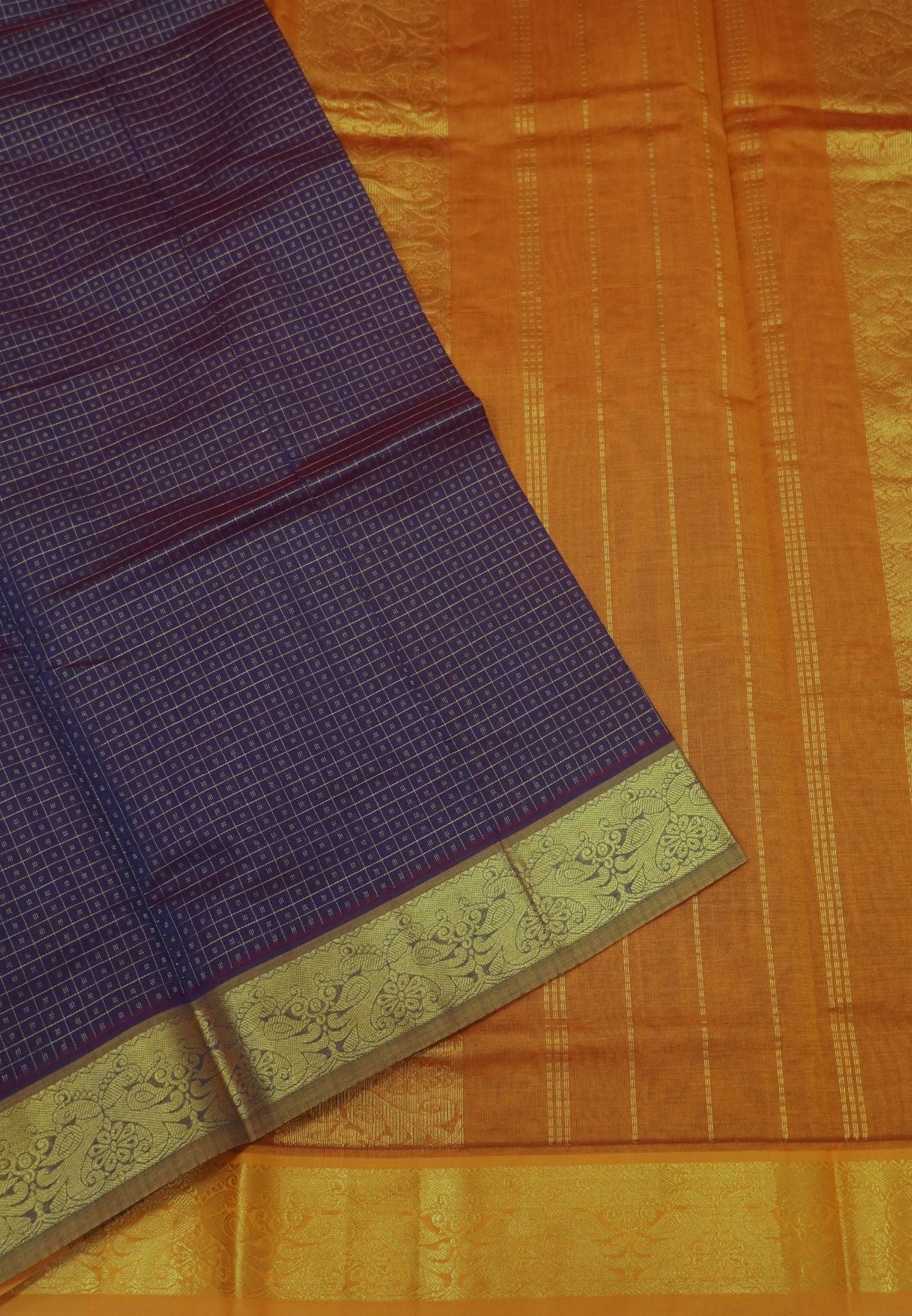 Pure Silk Cotton Saree-Purple-Turmeric Yellow Zari Emboss With Contrast Border