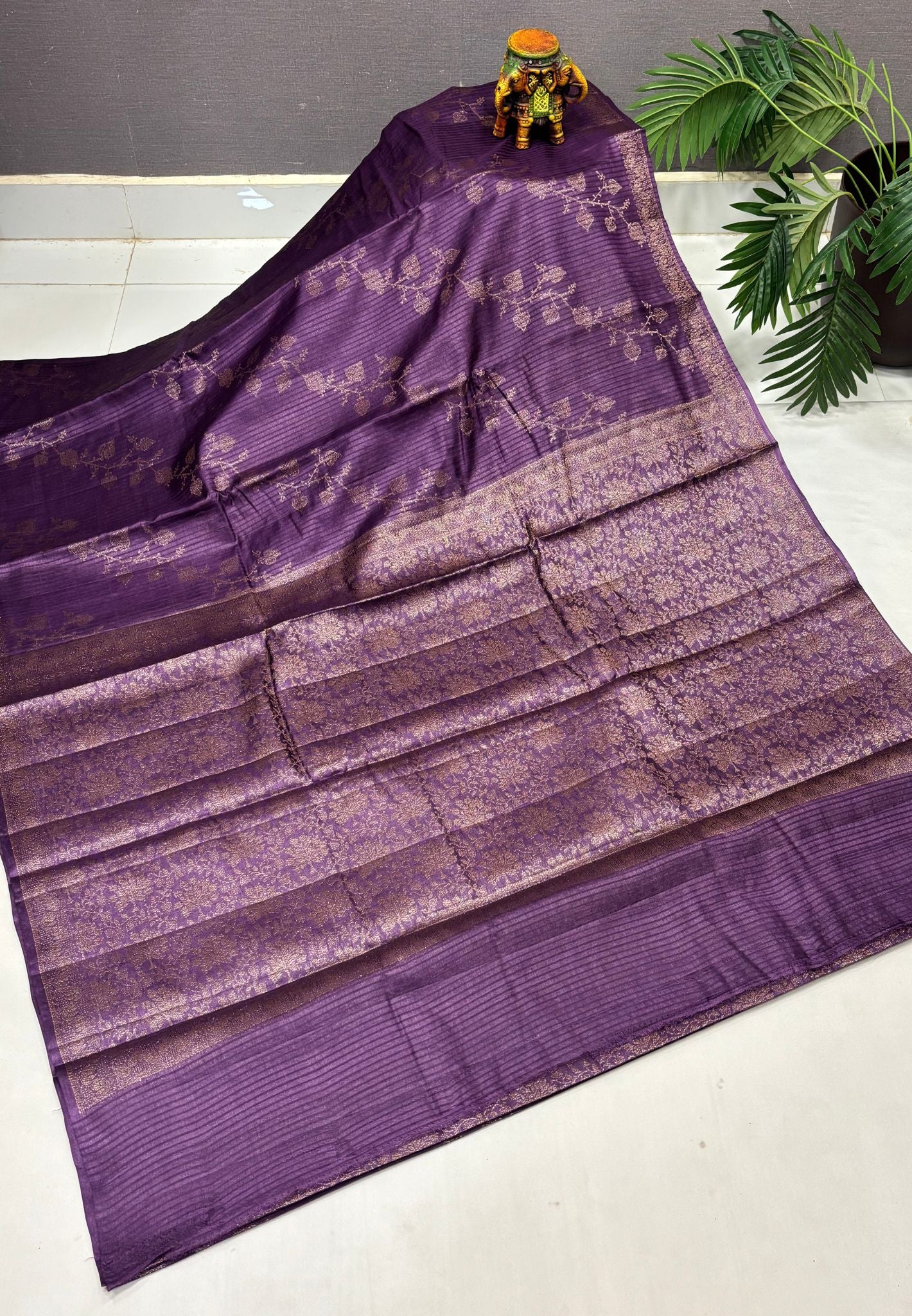 Pure Tussar Saree-Violet in Floral Vine Brocade Border