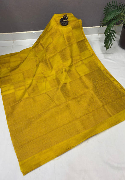 Soft Jute Tussar Saree-Mustard In Square Check Zari Border