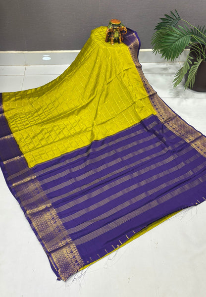 Viscose Saree-Lime Green in Checked Zari Pattern Border
