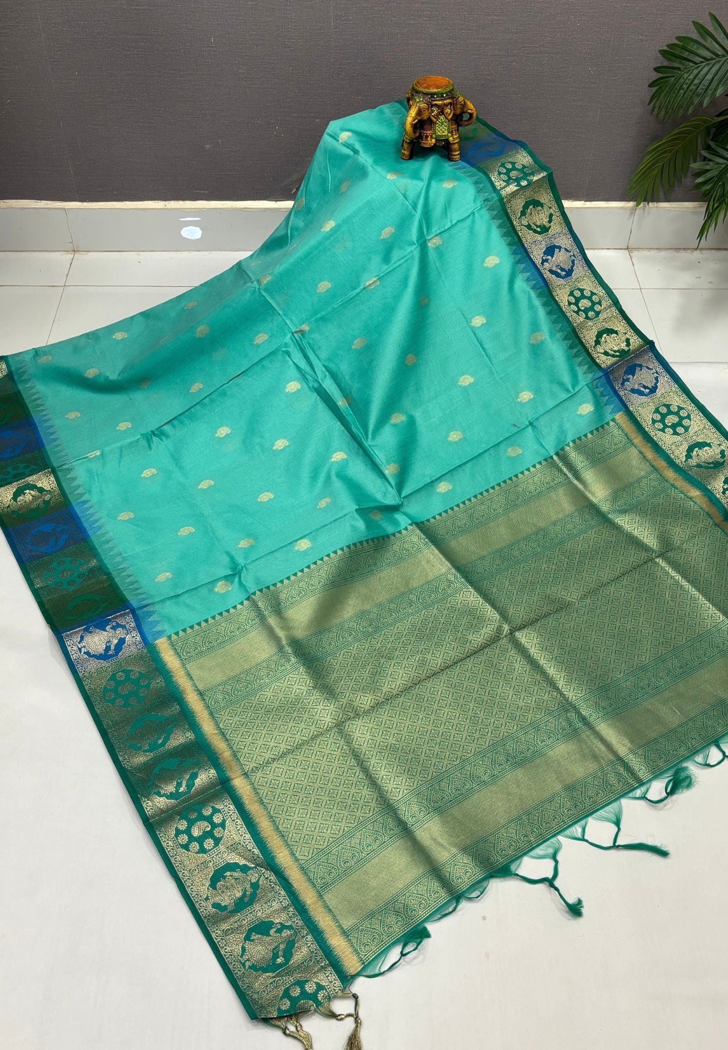 Raw Silk Saree-Teal Green In Floral Medallion Brocade Border