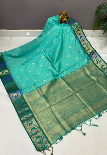 Raw Silk Saree-Teal Green In Floral Medallion Brocade Border