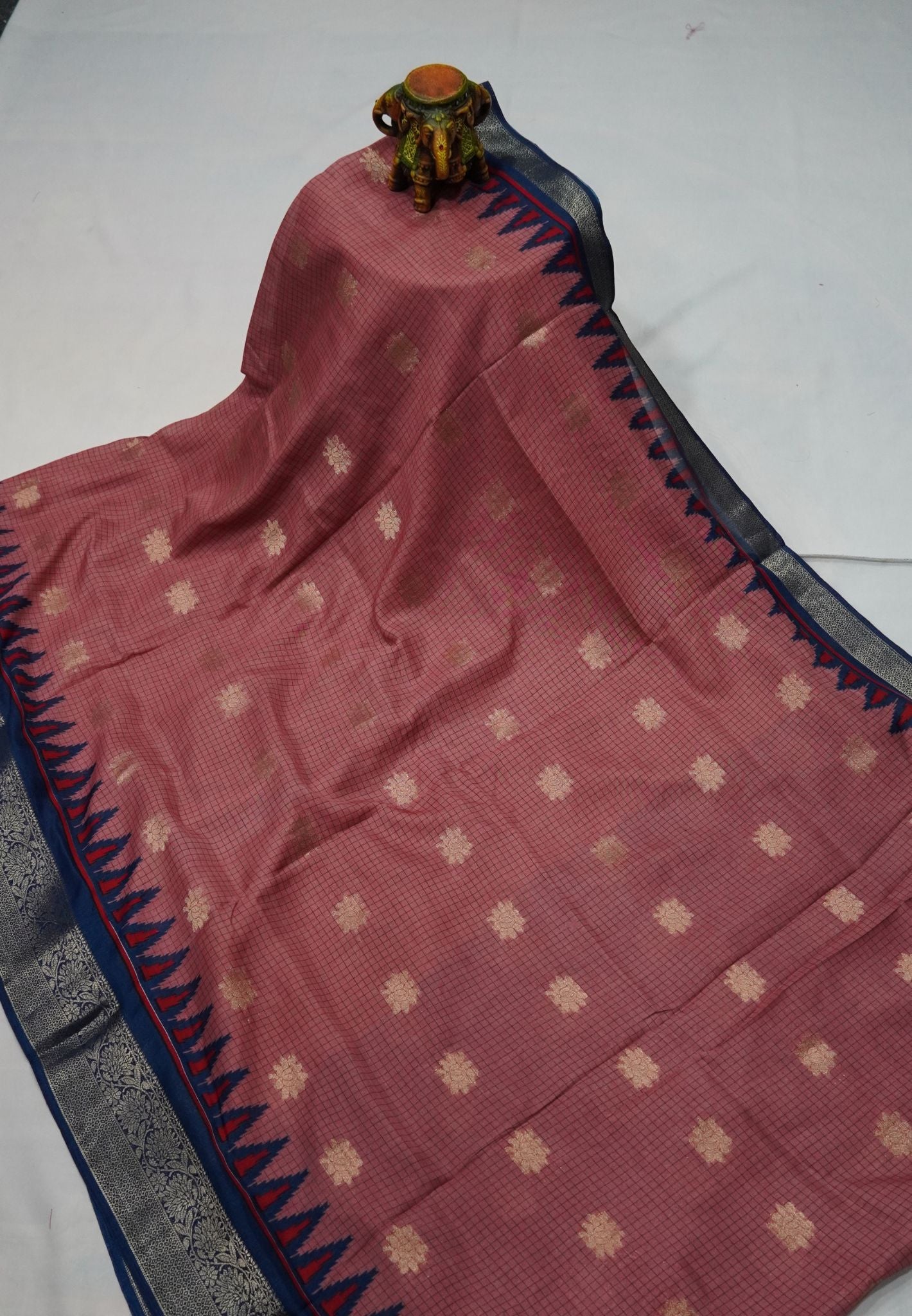 Dola Saree with Checks and Contrast Border- Pink - Peacock Blue