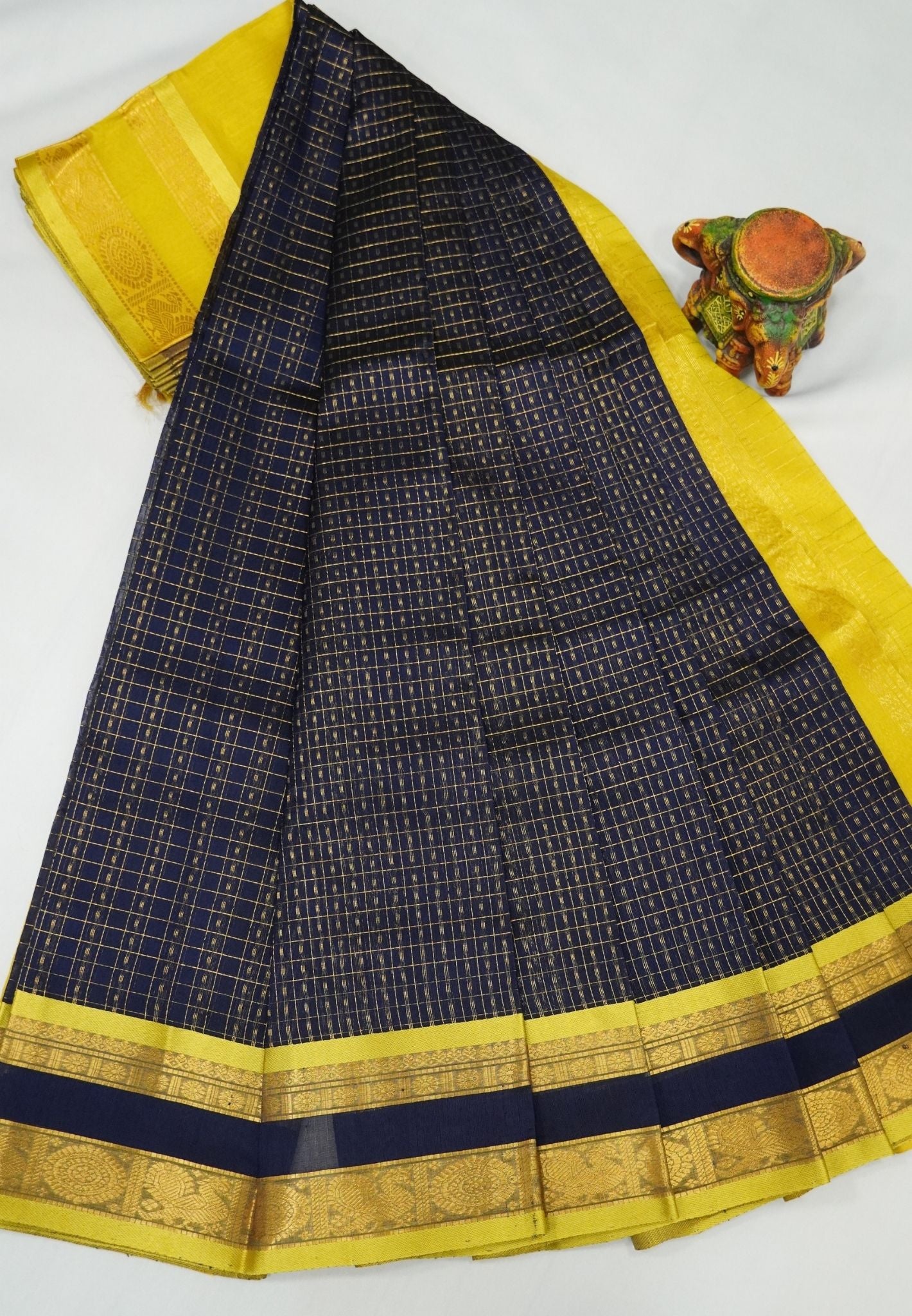 Pure Silk Cotton Saree-Navy Blue in Golden Zari Checks with Contrast Border