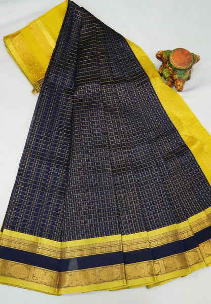 Pure Silk Cotton Saree-Navy Blue in Golden Zari Checks with Contrast Border