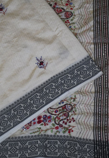 Tussar saree-Off white with floral Embroidery.