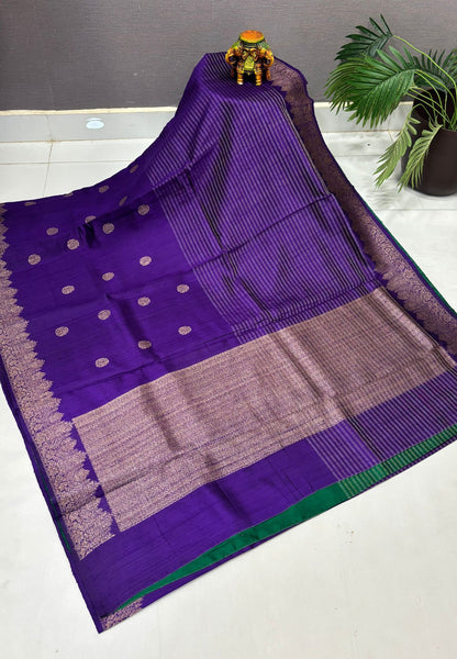Pure Handloom Tussar Saree-Purple in Intricate Floral Zari Border