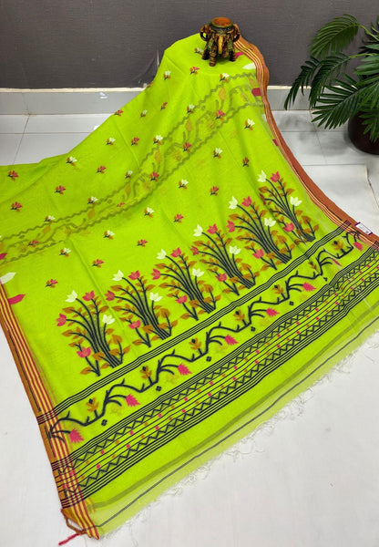 Handloom Cotton Saree-Flurcnt Green In Lotus Floral Border