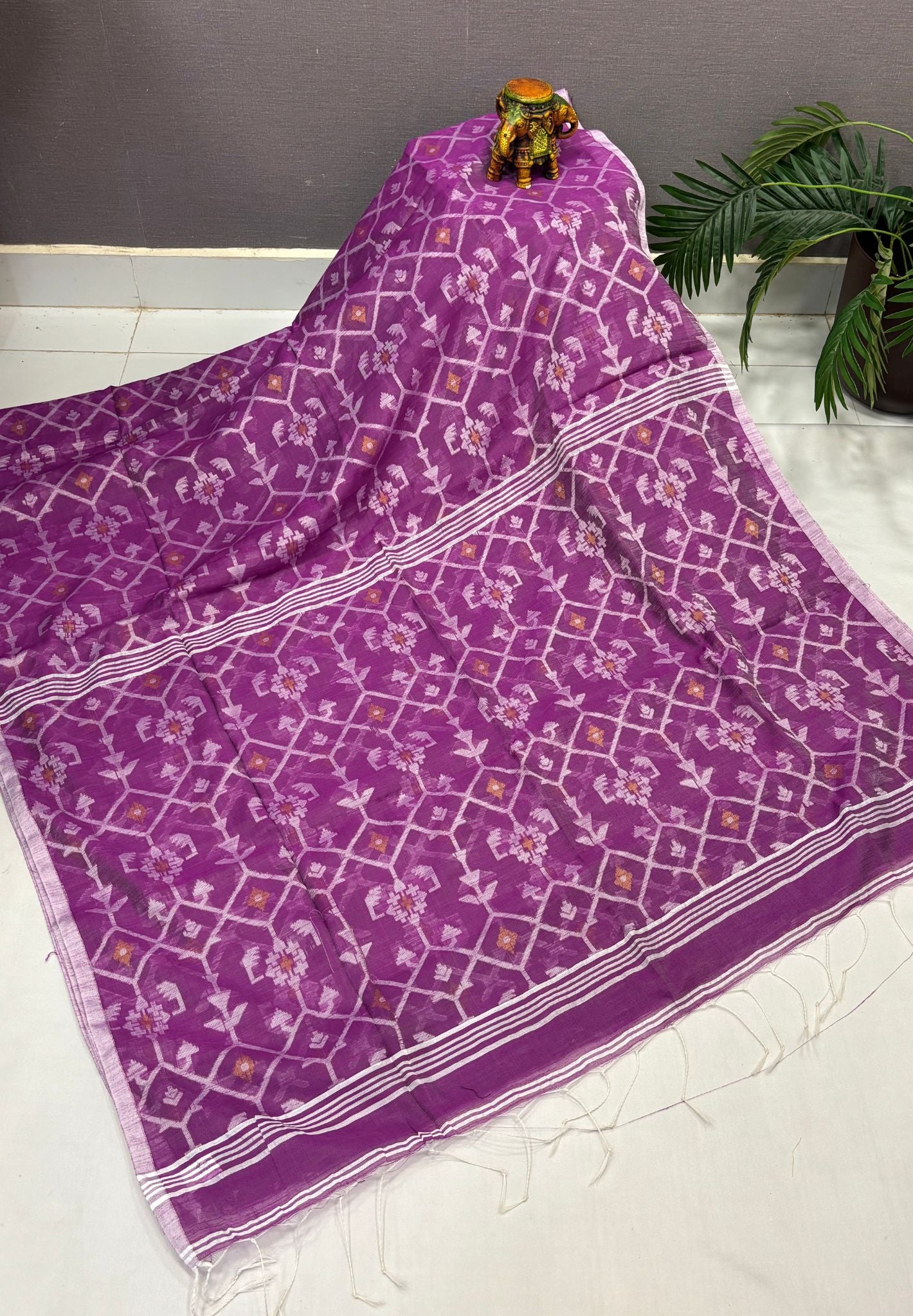 Handloom Cotton Saree-Dusky Blue in Diamond Pattern Border