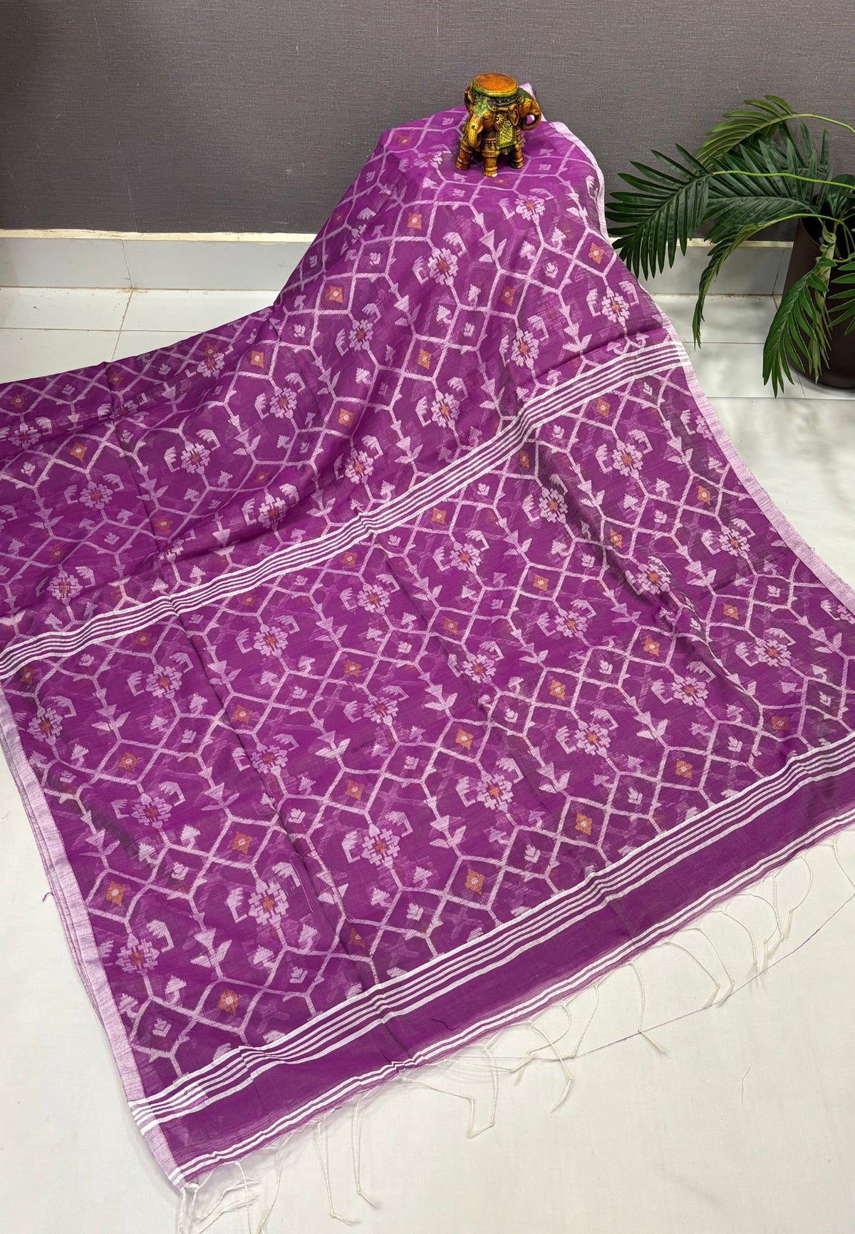 Handloom Cotton Saree-Dusky Blue in Diamond Pattern Border