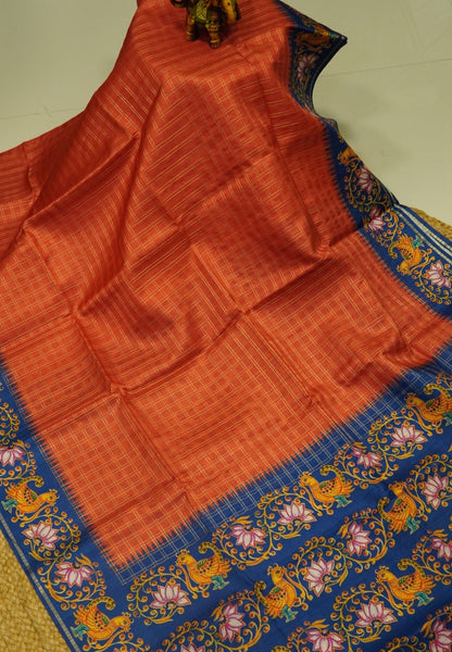 Premium Matka Tussar Saree-Red with Contrast Border in Tanjore Print