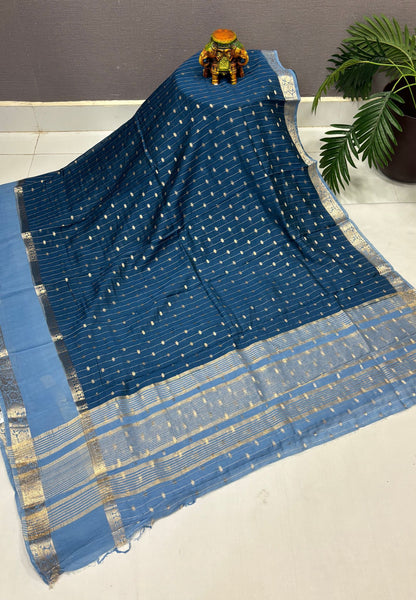 Banarasi Tussar Saree-Peacock Blue in Retpet Zari Border