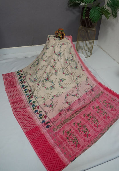 Pure Cotton Saree-Cream with Pink in Floral Vine Pattern