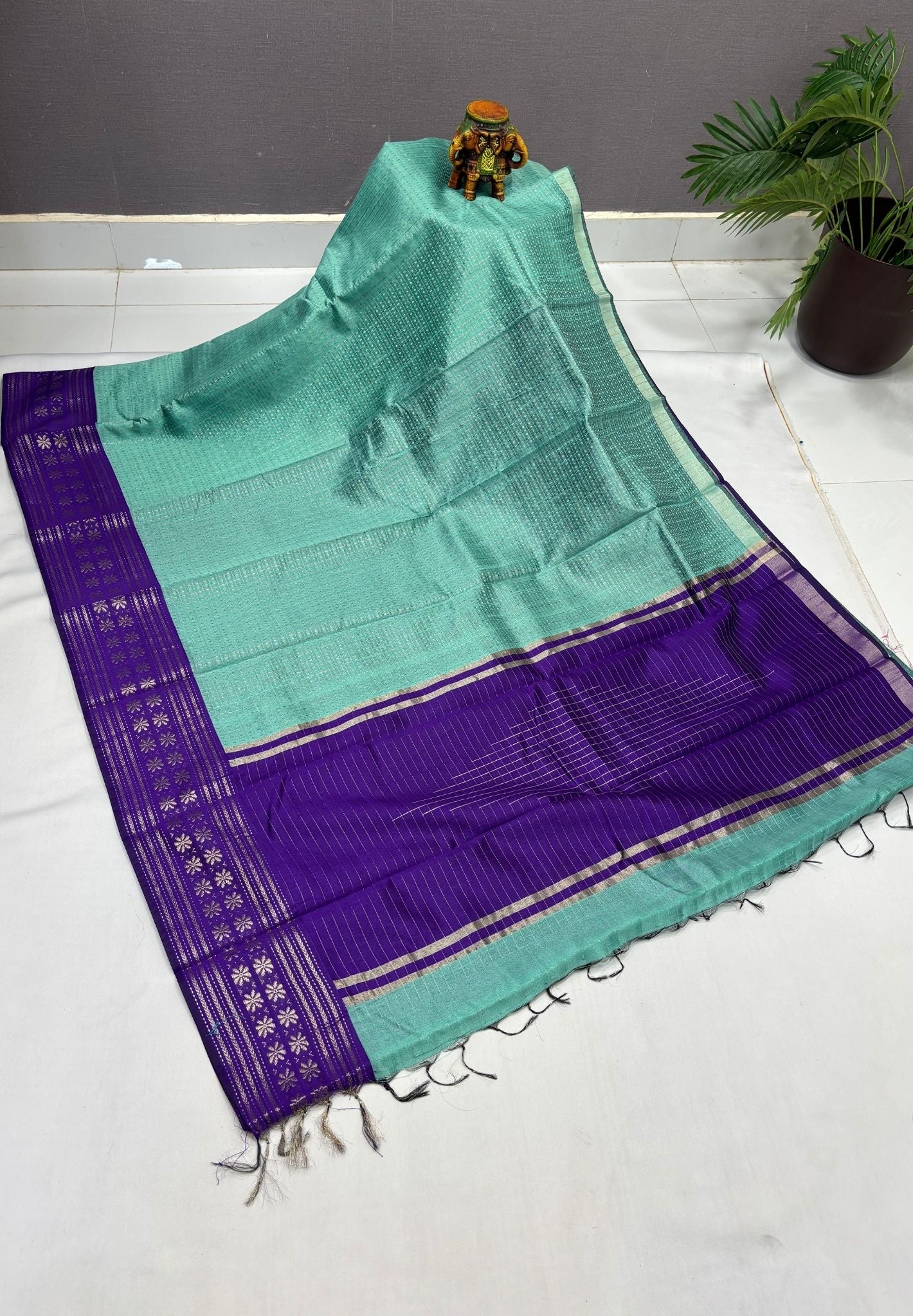 Raw Silk Saree-Teal Green in 1000 Butta with Contrast Zari Border