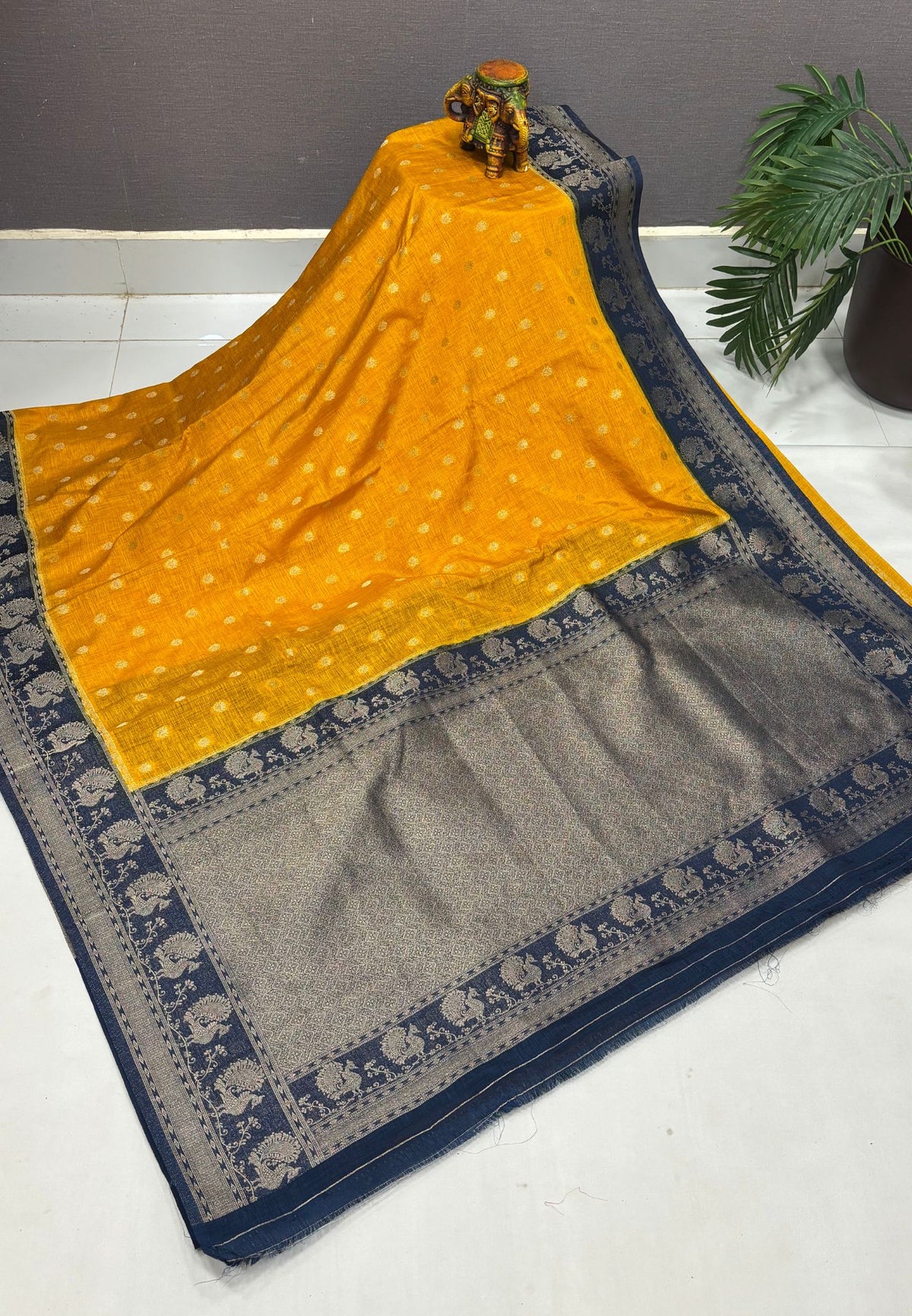Tussar Linen Saree-Tumeric in Traditional Peacock Floral Zari with Contrast Border