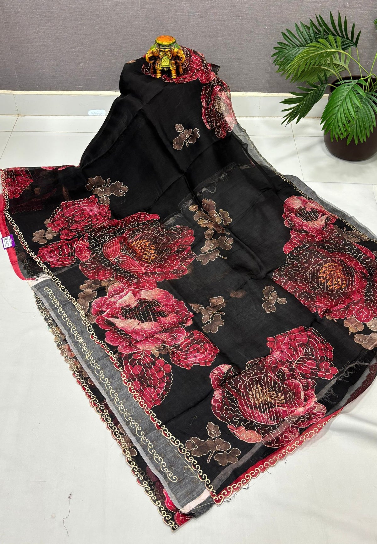 Pure Organza Saree-Black In Double Scroll Lace Border