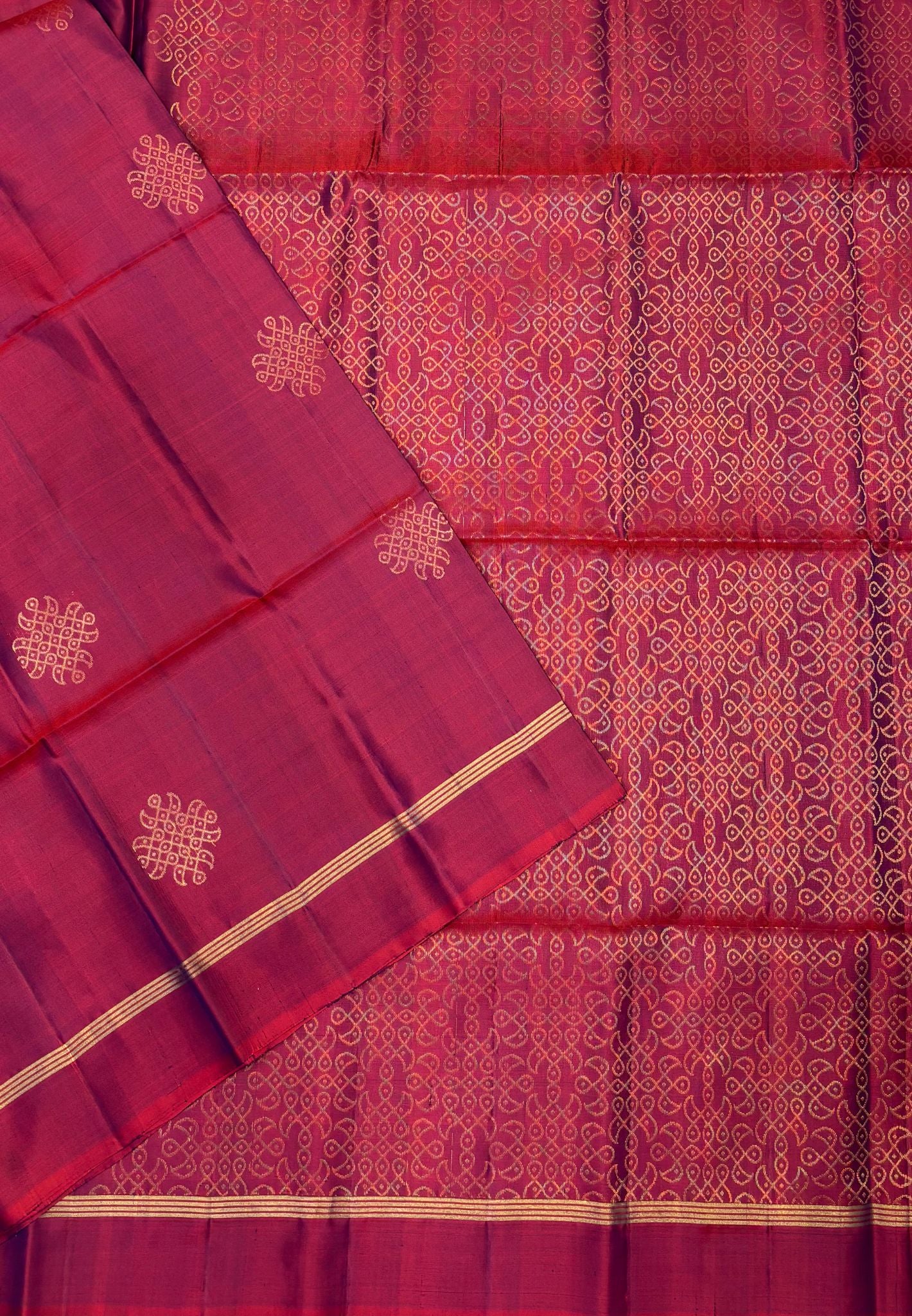 Pure Kanchipuram Silk Saree-Redish Purple With Kolam Zari Border