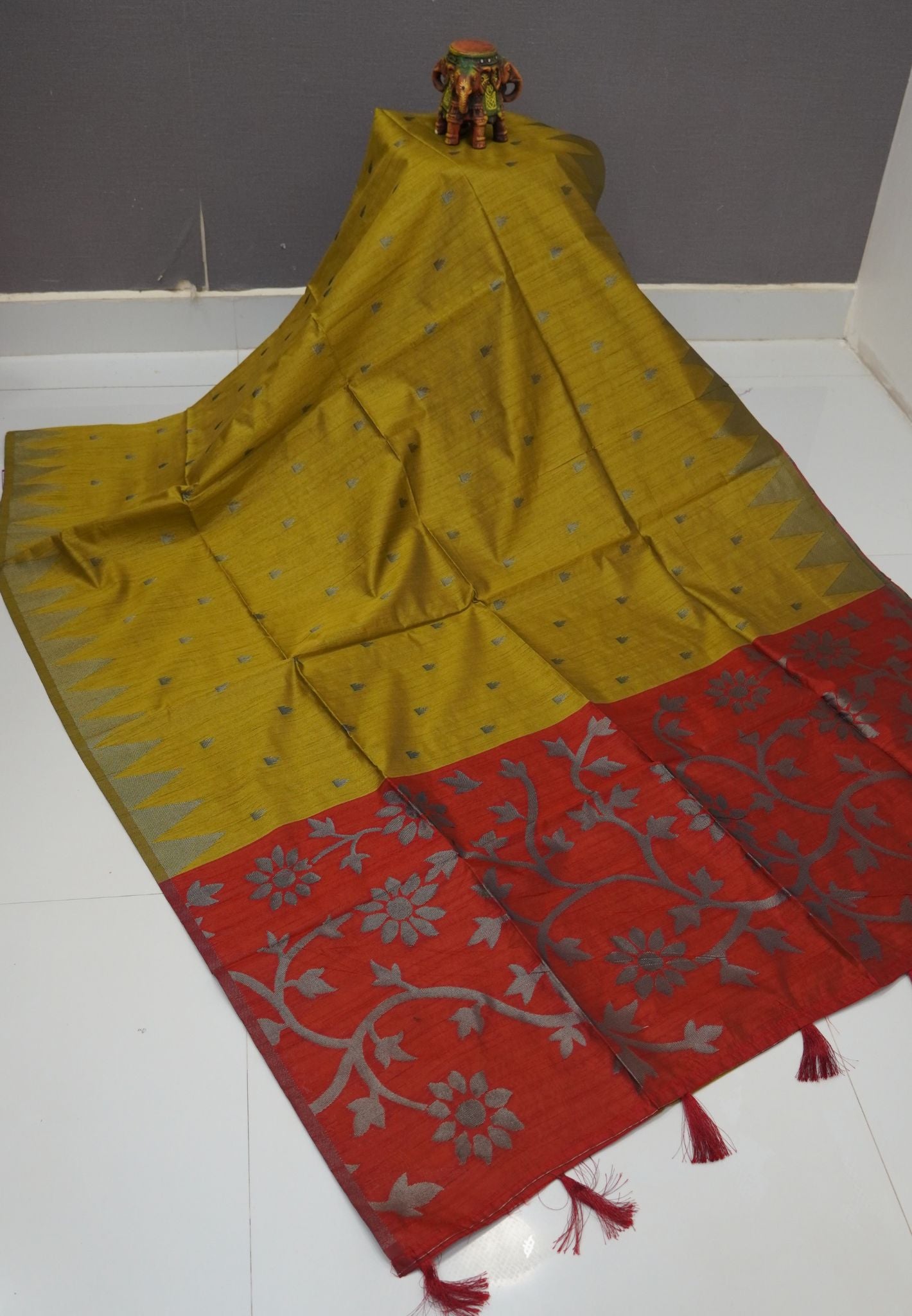 Semi Raw Silk Saree-Mustard in Antique Silver Zari Butta with Tower Border