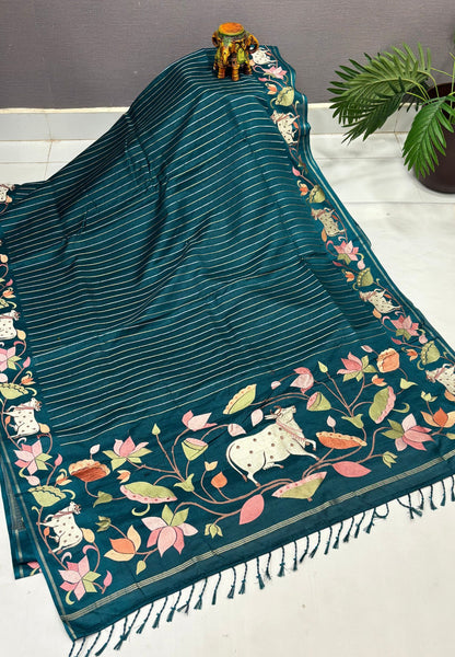 Tussar Saree-Peacock Green with Zari Stripes in Pichwai Embroidery Border