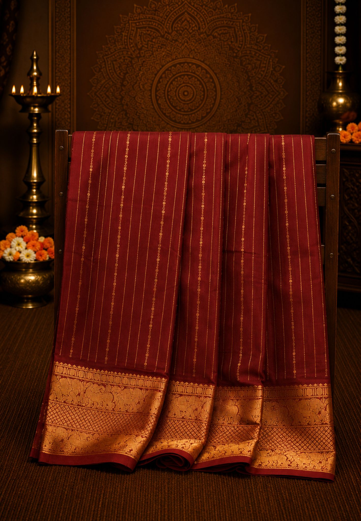Chettinad Cotton Saree-Maroon With Elephant & Geometric Zari Border