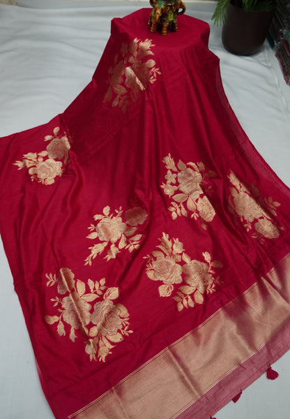 Semi Tussar Saree with Rose Floral Zari Weaving-Rani PInk