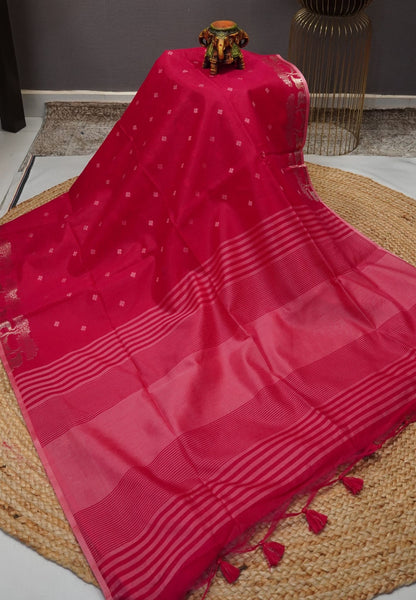 Raw Silk Saree-With Tree and Elephant-Rani Pink