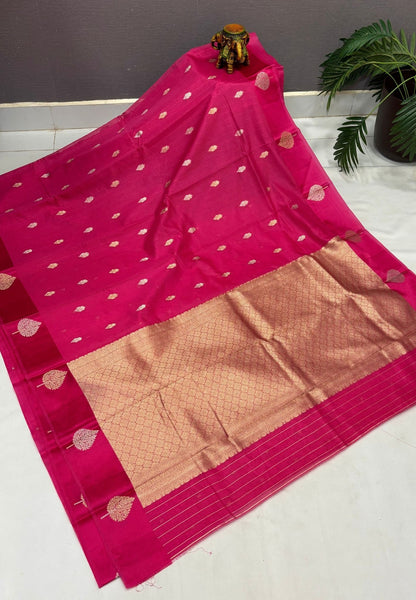 Art Silk Kota Saree-Rani Pink In Geometric Zari Brocade Border