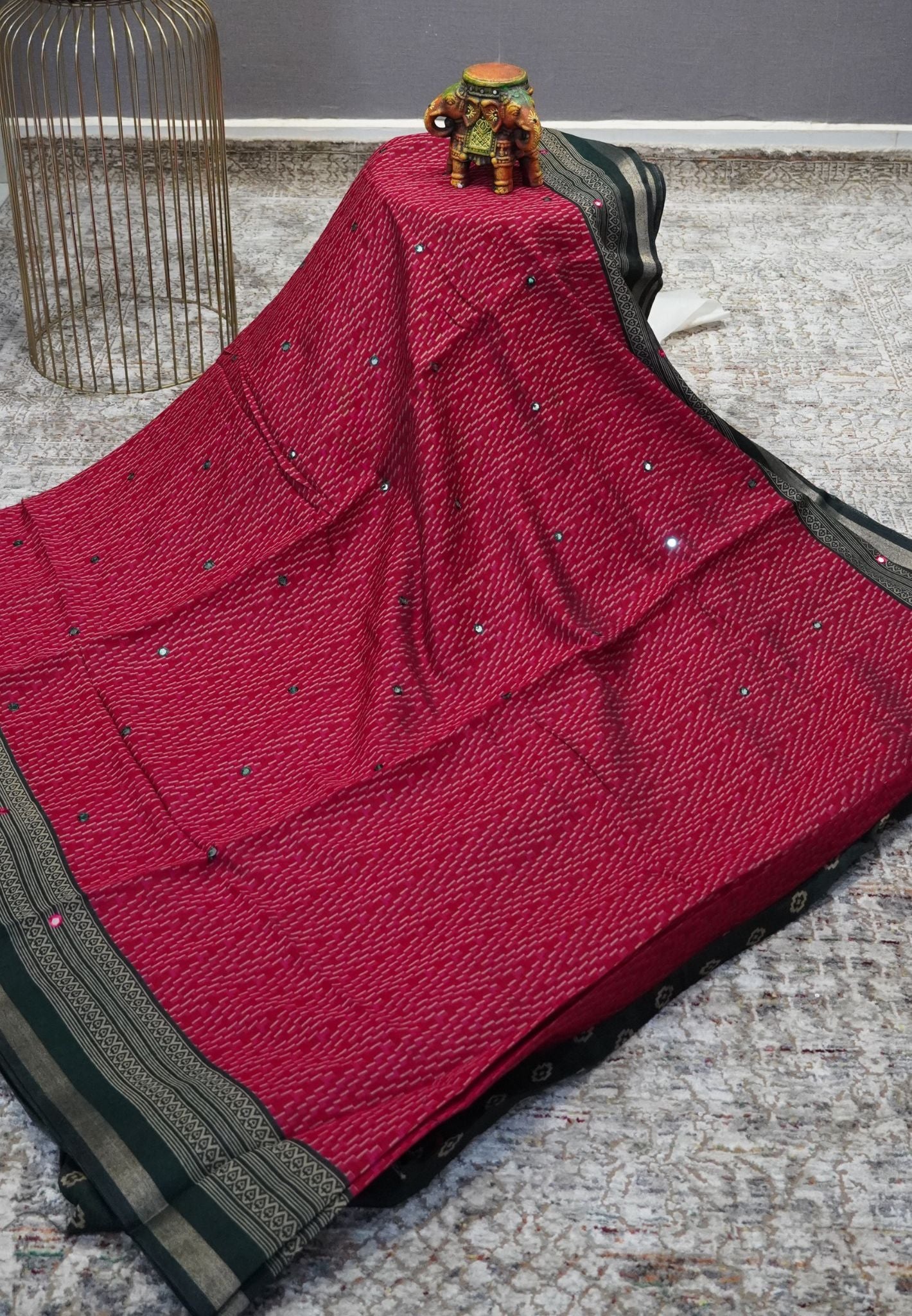 Malai Cotton Mirror Work Saree-Pink